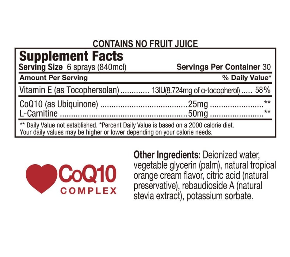 CoQ10+ supplement facts Complex Nanomist Energy & Defense Orange Cream Flavor