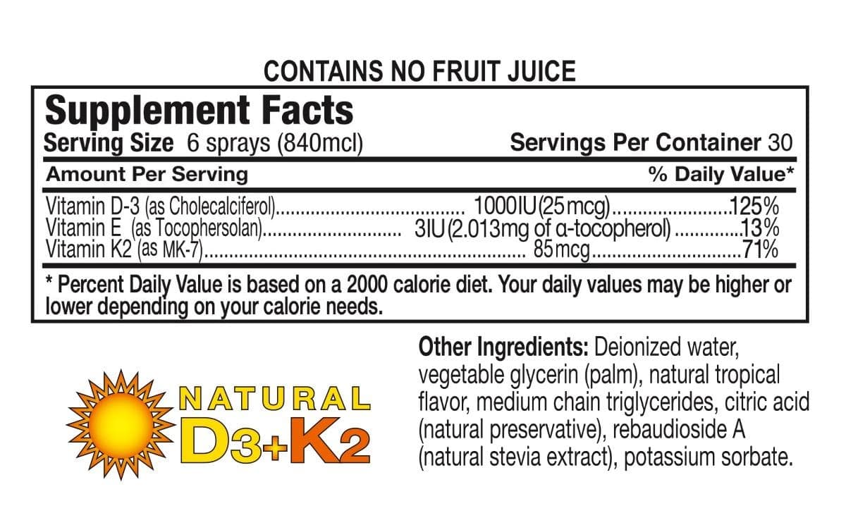 Vitamin D3+K2 supplement facts Nanomist Cardio & Bone Health Tropical Flavor